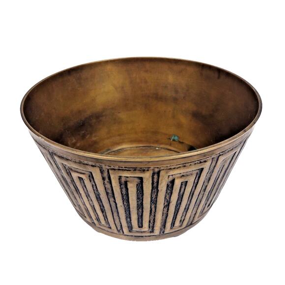 Vintage Solid Brass Heavy Jardineer Planter Urn Pot 9" Geometric Pattern Moorish - Picture 1 of 10